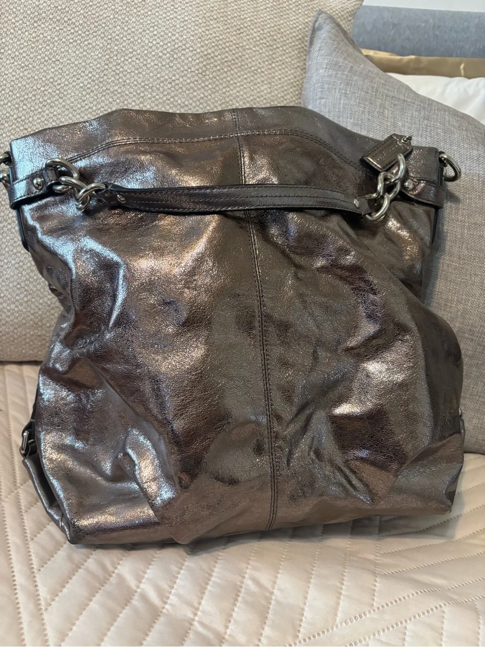 Coach Metallic Leather Tote Shoulder Bag – Pewter Gunmetal | Large Everyday Purs